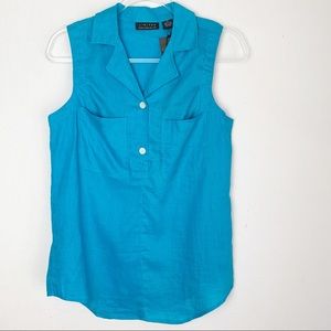 Linen Sleeveless Popover Top Shirt Turquoise NWT M